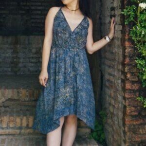 Zara Z1975 Denim Navy Blue & Gold V-Neck Halter Dress